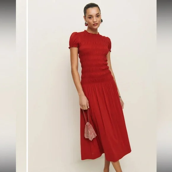 Reformation Kiria Red Smocked Midi Dress - Picture 2 of 4